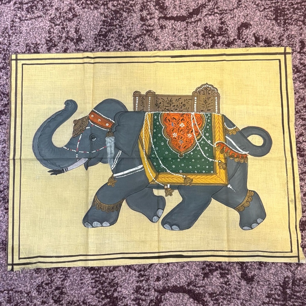 Made in India * Vintage Elephant Painting Tapestry Cloth Fabric EUC Retro Indian